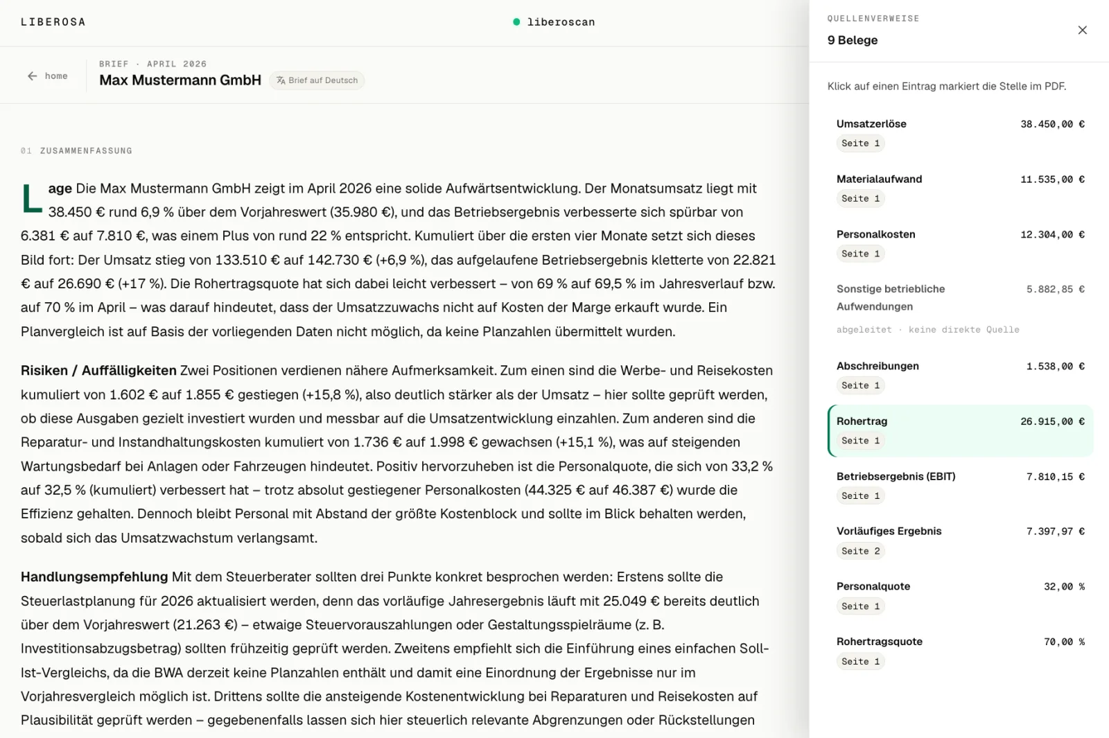 Fertiges Liberoscan-Briefing mit Zusammenfassung und Kennzahlen